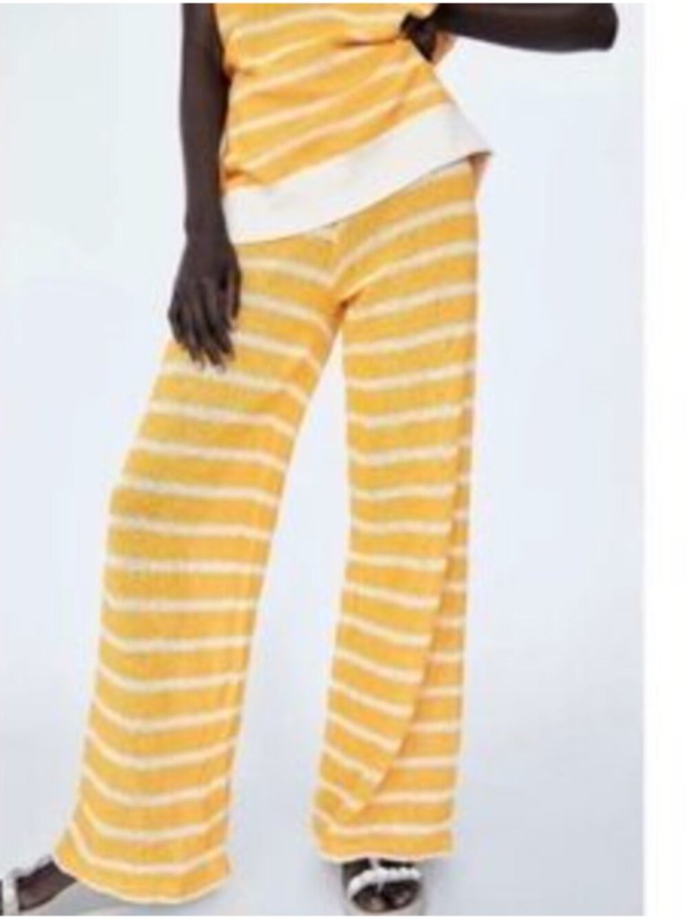 Zara Wide Leg Terry Cloth Pants Womens Small Yellow White Stripe Pull On Stretch